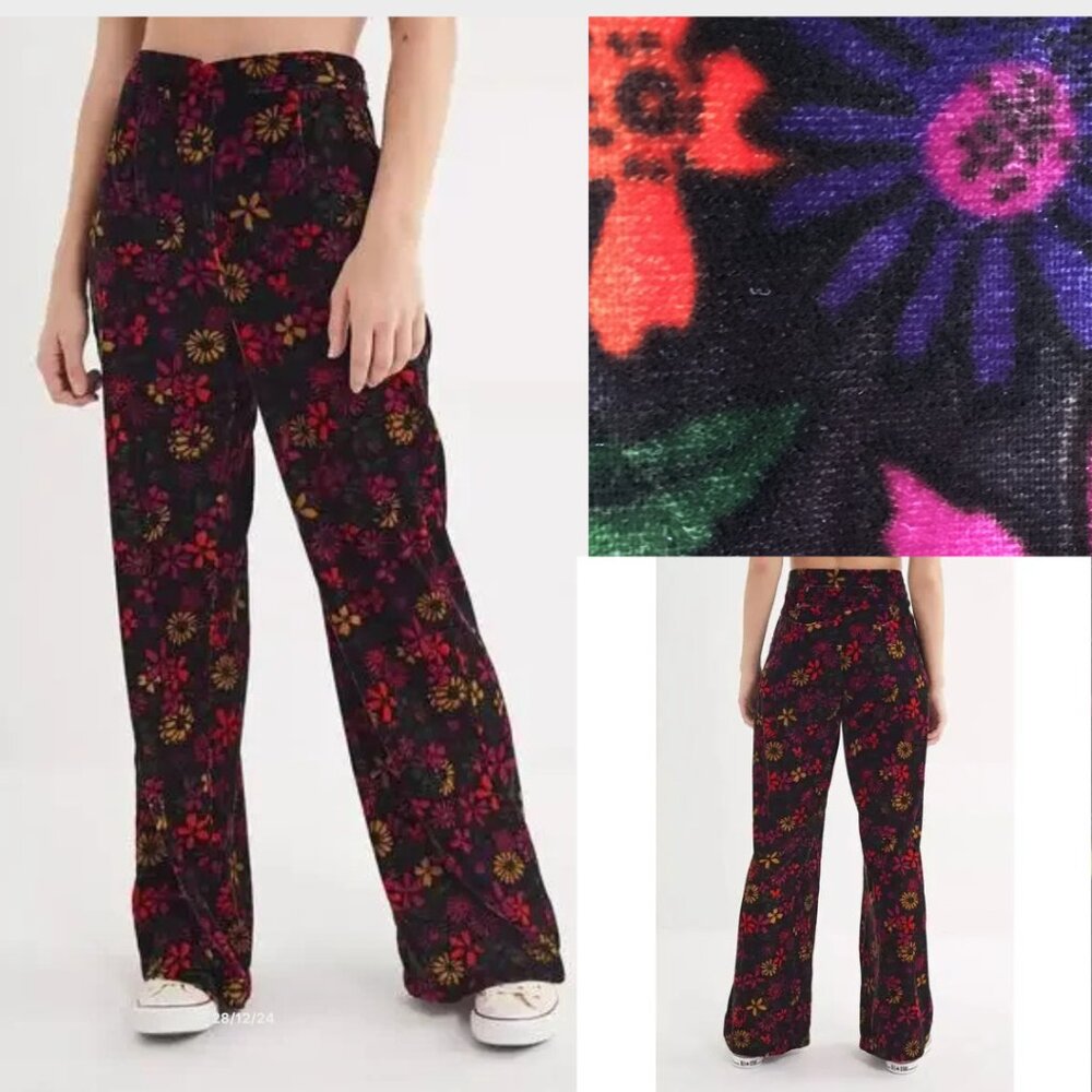 URBAN OUTFITTERS ALICE Floral Print Velvet High Rise Wide Straight Leg Pant